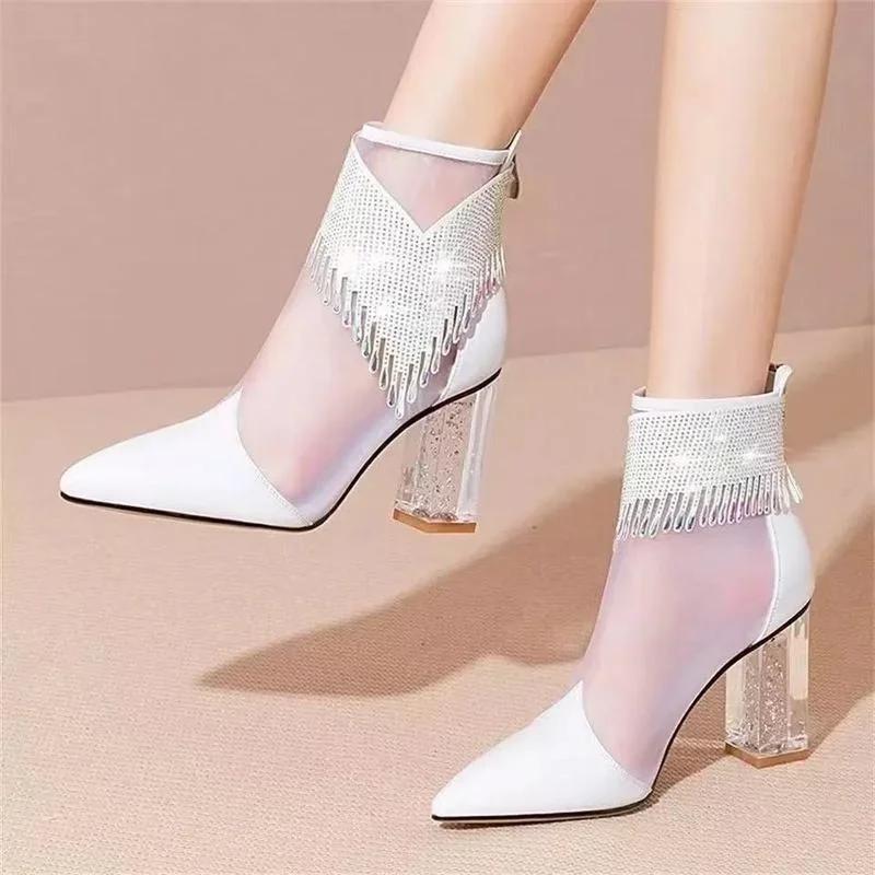 Fashion Summer Fashion Boots Women 2024 New Glitter Rhinestone Ladies Pointed Toe Chunky Heel Shoes Dress Party Female Mesh Sandals