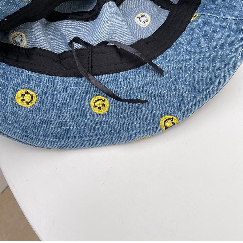 Simple Cartoon Embroidered Denim Bucket Hat Women Harajuku Retro Basin Hat Spring and Summer Sun Protection Visor Men