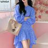 Women Casual O-Neck Long Sleeve Floral Print Irregular Ruffled Dress