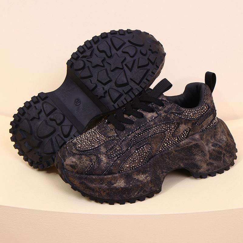 Мода Мода Стразы Массивные Кроссовки Женские Синий Деним Толстая Подошва Шнуровка Спортивная Обувь Женская Большой Размер Нескользящие Кроссовки на Платформе