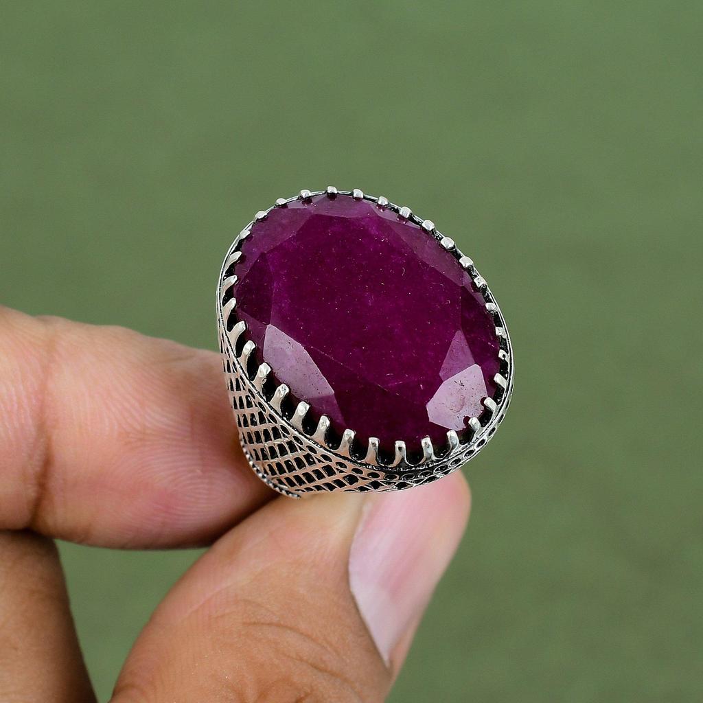 Граненый кольцо с кашмирским рубином Кольцо из стерлингового серебра 925 пробы Кольцо с драгоценным камнем высшего качества Рубиновые украшения Кольцо ручной работы Подарки для папы Доступно в размерах