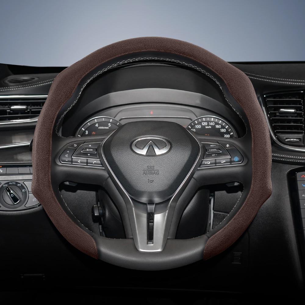 bpzsw1 Suitable for Infiniti Premium Suede Snap-On Steering Wheel Cover, Non-Slip and Durable, Available for Round and D-Shaped