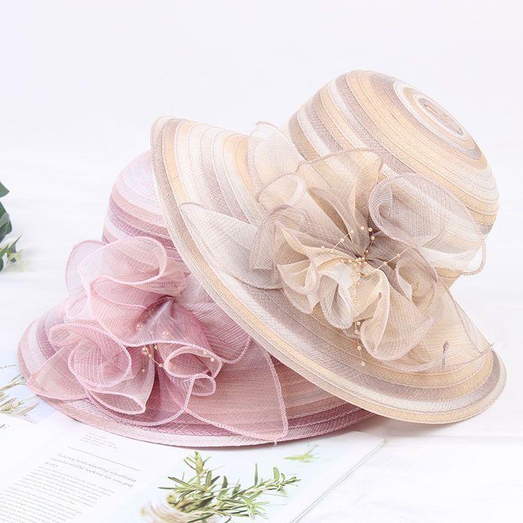 Летняя шляпа от солнца из органзы, элегантная складная пляжная шляпа с защитой от солнца с искусственным цветком, пляжная шляпа для путешествий и отдыха на открытом воздухе для женщин