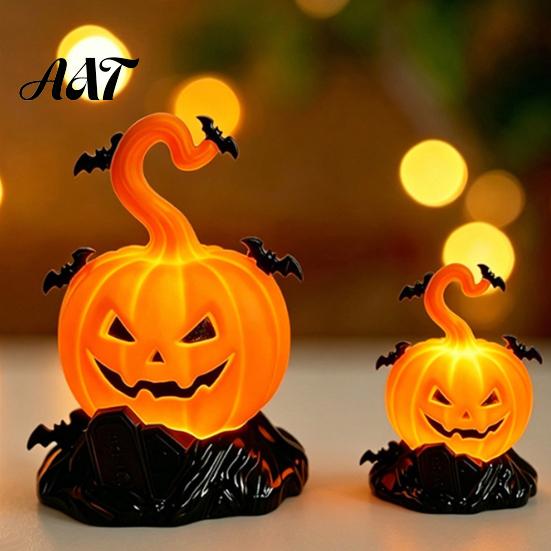Spooky Gothic Decoration Halloween LED Candle Light Figurine, Bat Tombstone Glowing Tabletop Ornament, Warm Theme Decor Pumpkin Prop for Escape