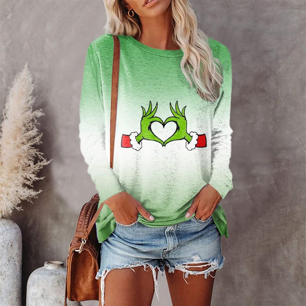 Женская мода, повседневная блузка с длинным рукавом и рождественским принтом, пуловер с круглым вырезом