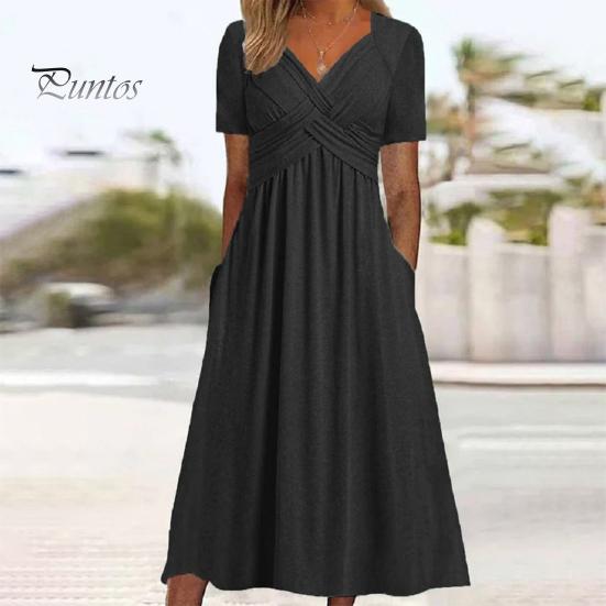 Женское летнее платье с плиссированным ремешком и V-образным вырезом с короткими рукавами, однотонное платье с карманами трапециевидной формы со свободным подолом, дышащее мягкое платье миди для свиданий