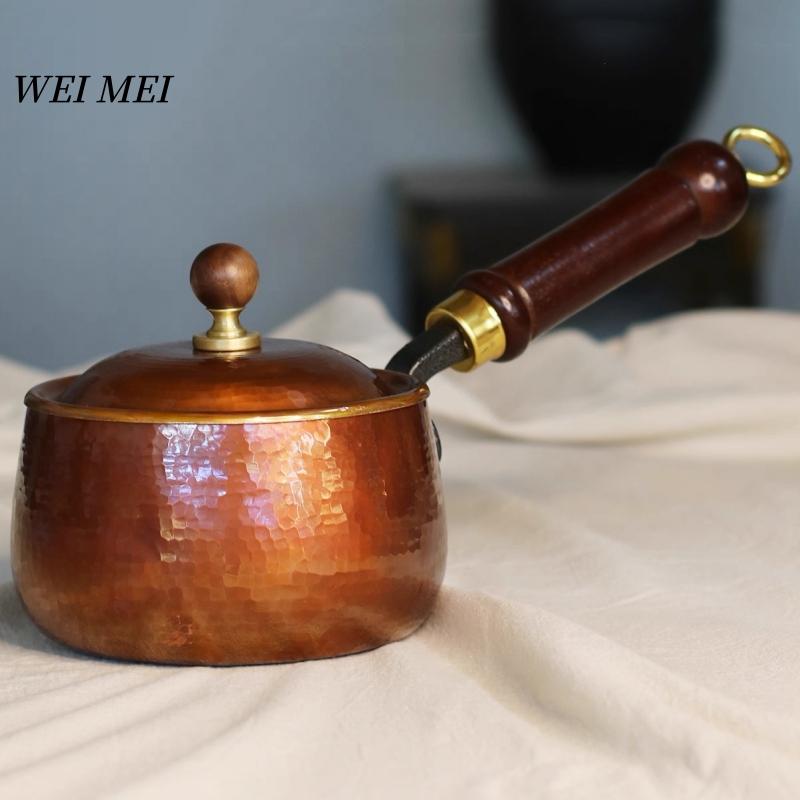 Медный маленький круглый кофейник с боковой ручкой, Для 1 человека, С крышкой, Суповая кастрюля для пикника, Портативная утолщенная кастрюля для каши