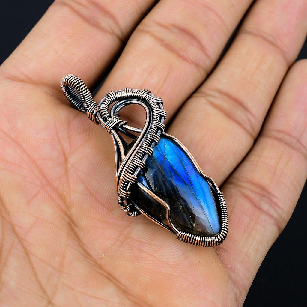 Labradorite Pendant, Handmade Gemstone 999 Copper Wire Wrapped Pendant Antique Jewelry, For Gift Silver Jewelry