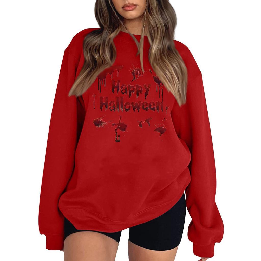 Women's Casual Round Neck Long Sleeved Pullover, Halloween Printed Top, Long Sleeved Hoodie
