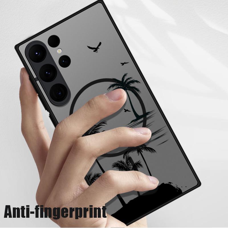Матовый прозрачный чехол для телефона с узором из кокосовой пальмы для Samsung S25 Ultra S24 FE S23 S22 S21 с мягким краем и беспроводной зарядкой, магнитный, противоударный, жесткий чехол для задней панели из ПК