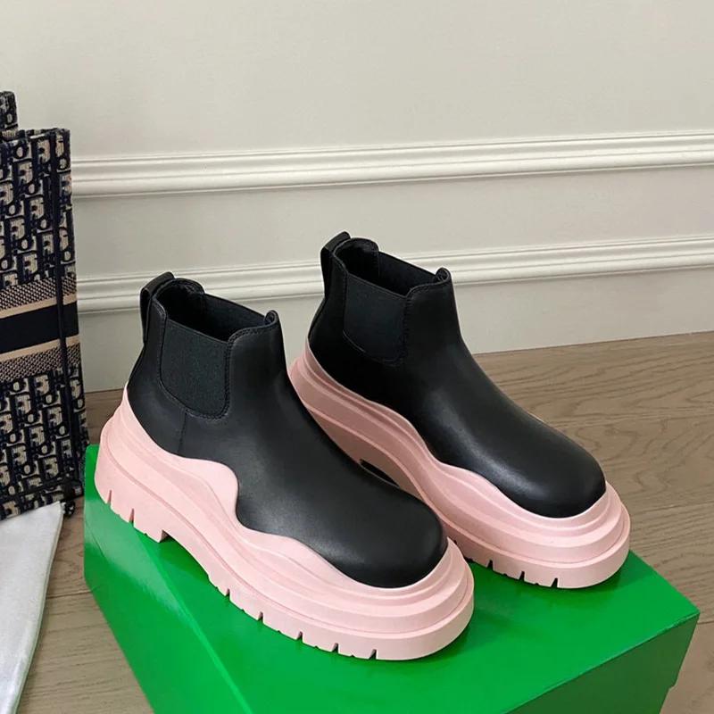 2025 Новые ботинки челси Женские/мужские Парные модели Платформа Полусапожки Круглый носок Слипоны Дождевые ботинки Кожаная обувь большого размера