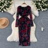 New Spring Summer Sexy Hollow Out Mesh Long Sleeve Dress Women Elegant V Neck Floral Print Slim Midi Bodycon Dress