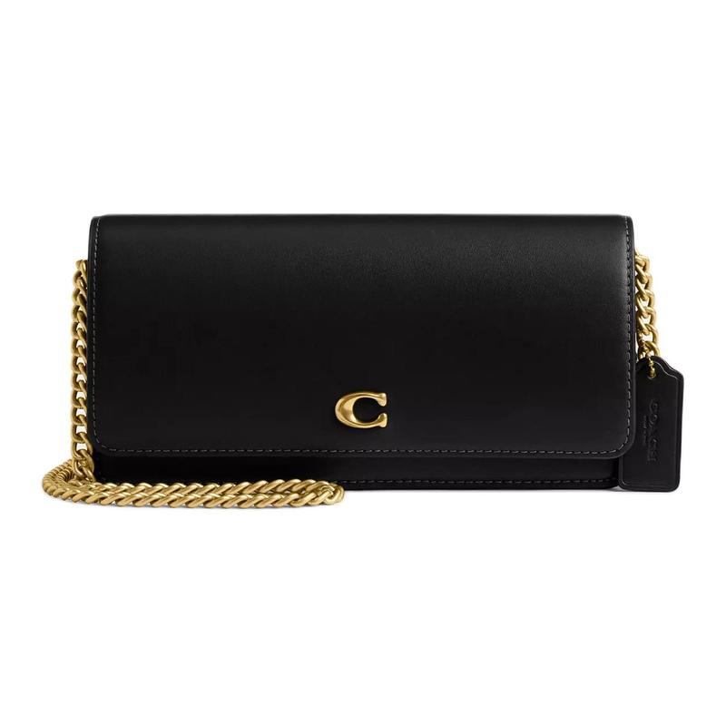 COACH 21 gold metal hardware snap closure calfskin wallet crossbody shoulder bag small women's black