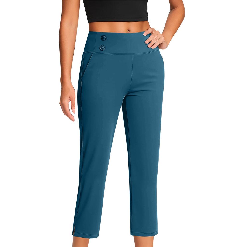 Women's Fashionable Solid Color Straight Leg Pants With High Waist Button Pockets And Elastic Waist Casual Pants