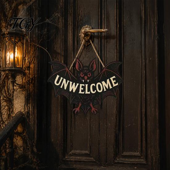 Bat Shape Door Decor Halloween Decorations, Gothic Wooden Sign for Front Door, Unwelcome Gift Friends Decor, Party Favors Supplies Black Wall Hanging