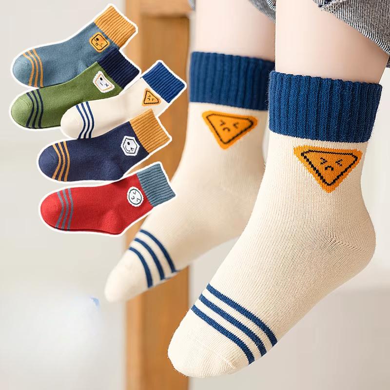 5Pairs Children Socks Cute Expression Anti-pilling Breathable Cotton Athletic Socks Boutique Kids Clothing Outerwear 1-16Years