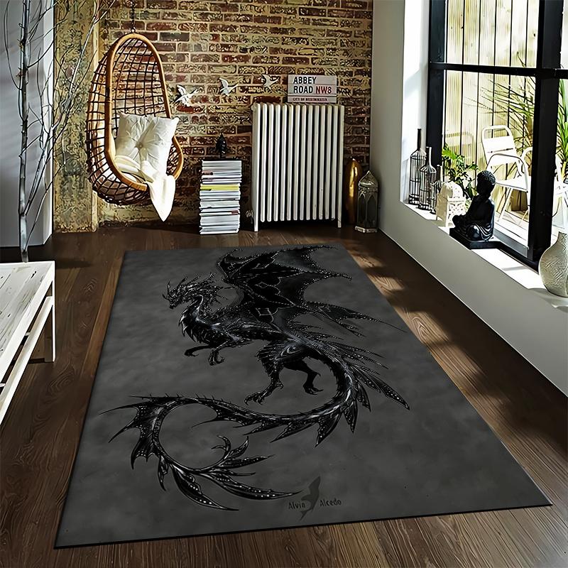 Black Dragon Pattern Carpet with Wings Design on Dark Gray Background Suitable for use as an anti-slip for living room bedroom sofas