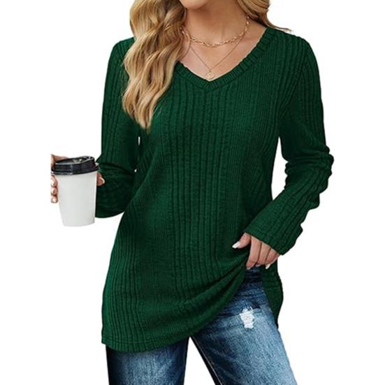 Женская туника-свитер с V-образным вырезом и длинным рукавом, однотонная, ребристая, повседневная, облегающая, трикотажная