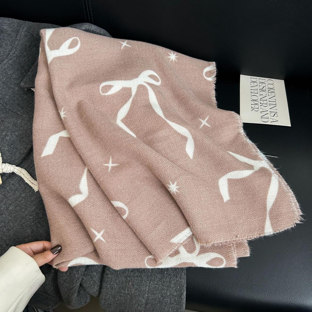 Autumn and Winter Sweet Fashion Imitation Cashmere Bow Printed Scarf Fashion Designer Temperament Warm Scarf