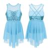 Детские современные лирические танцевальные костюмы для девочек, балетное трико без рукавов с блестками и крест-накрест на спине, нерегулярное платье-купальник