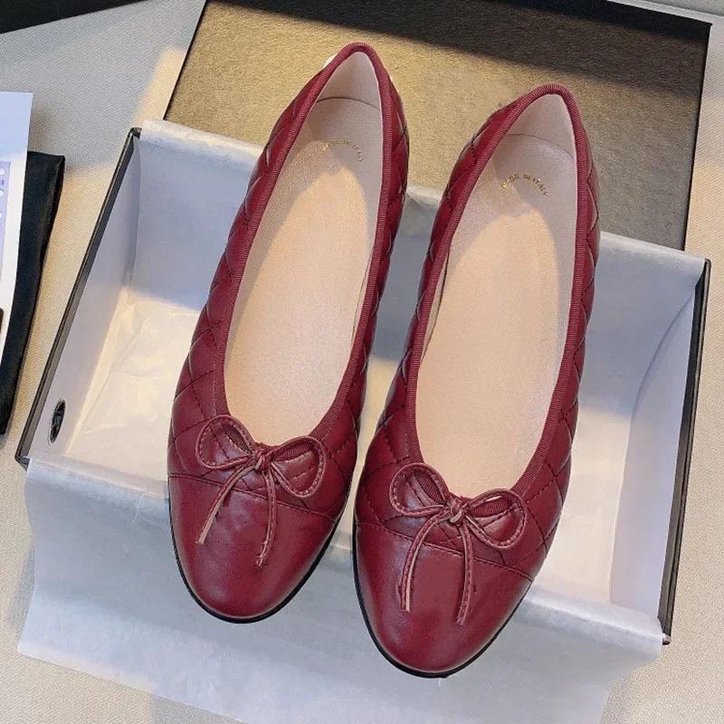 Весна 2024 года, новые женские балетки с круглым носком и бантом на плоской подошве, с закрытым носком