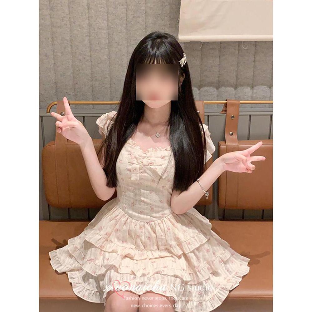 Фэн Сяо платье с рукавами-фонариками с цветочным принтом женское летнее нежное с заниженной талией пушистое платье-торт короткая юбка