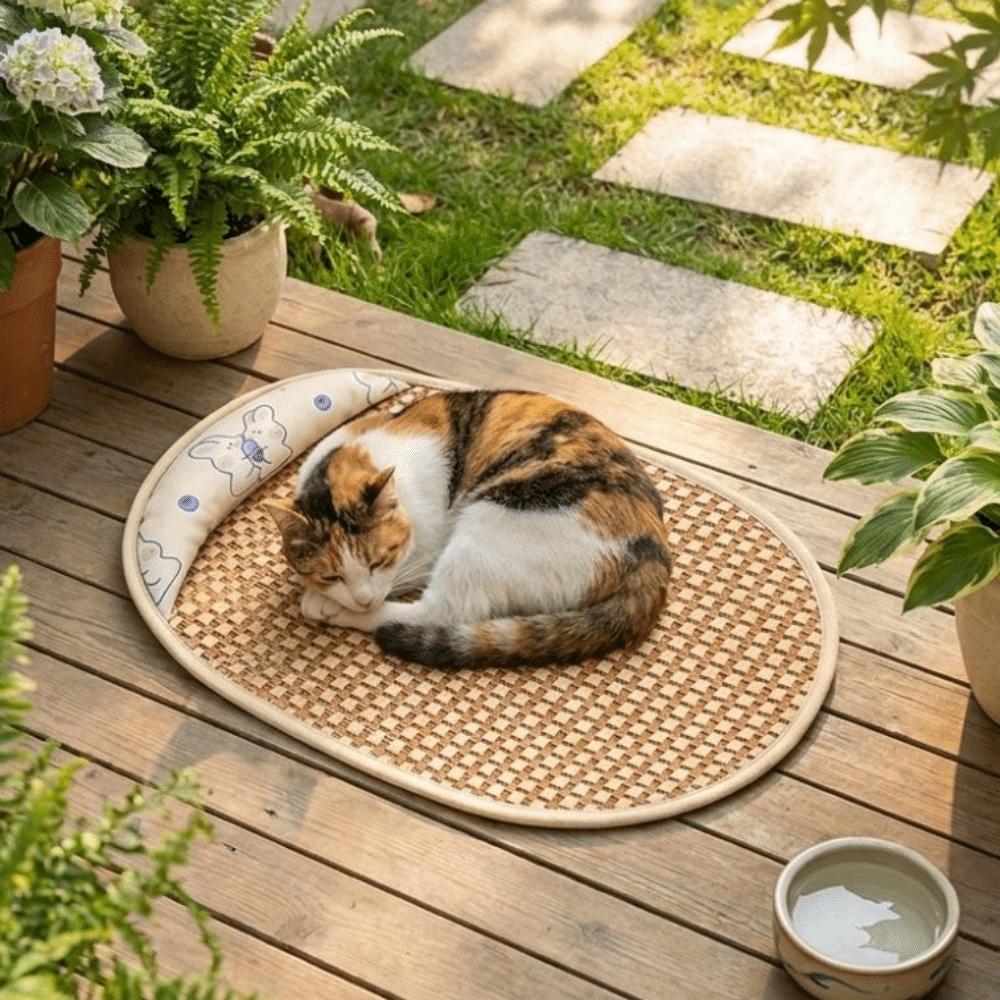 Breathable Pet Rattan Weaving Sleeping Mat with Pillow Portable Cat Bed Kennel Mat Travel