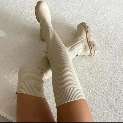 2024 Большие размеры Женская обувь Сапоги выше колена Женские трикотажные эластичные сапоги Женские туфли с круглым носком и боковой молнией на среднем каблуке Женские