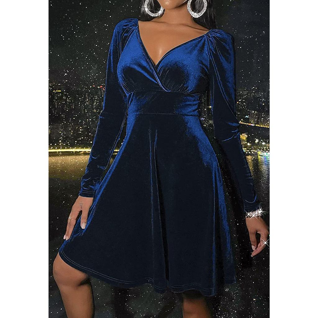 Женское бархатное платье на весну и осень, черное, красное, зеленое, с длинным рукавом и v-образным вырезом, тонкие мини-платья трапециевидной формы