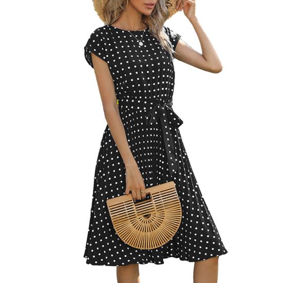 Women Polka Dot Print Midi Dress Crewneck Short Sleeve A-line Dress with Belt Summer Beach Swing Sundress