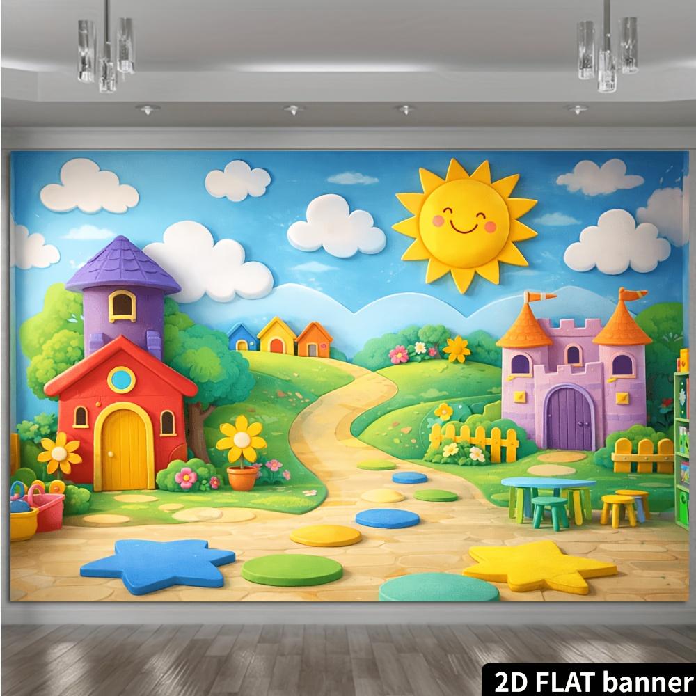 Background in 2D cartoon style, featuring smiling faces, suns, clouds, castles and cabins made of polyester.