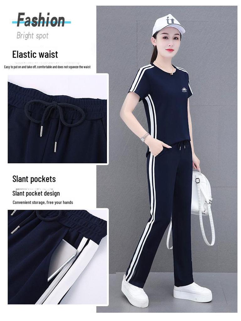 Лето 2025 г. Женский спортивный комплект свободного кроя Ice Silk - Повседневная мода, два предмета с короткими рукавами