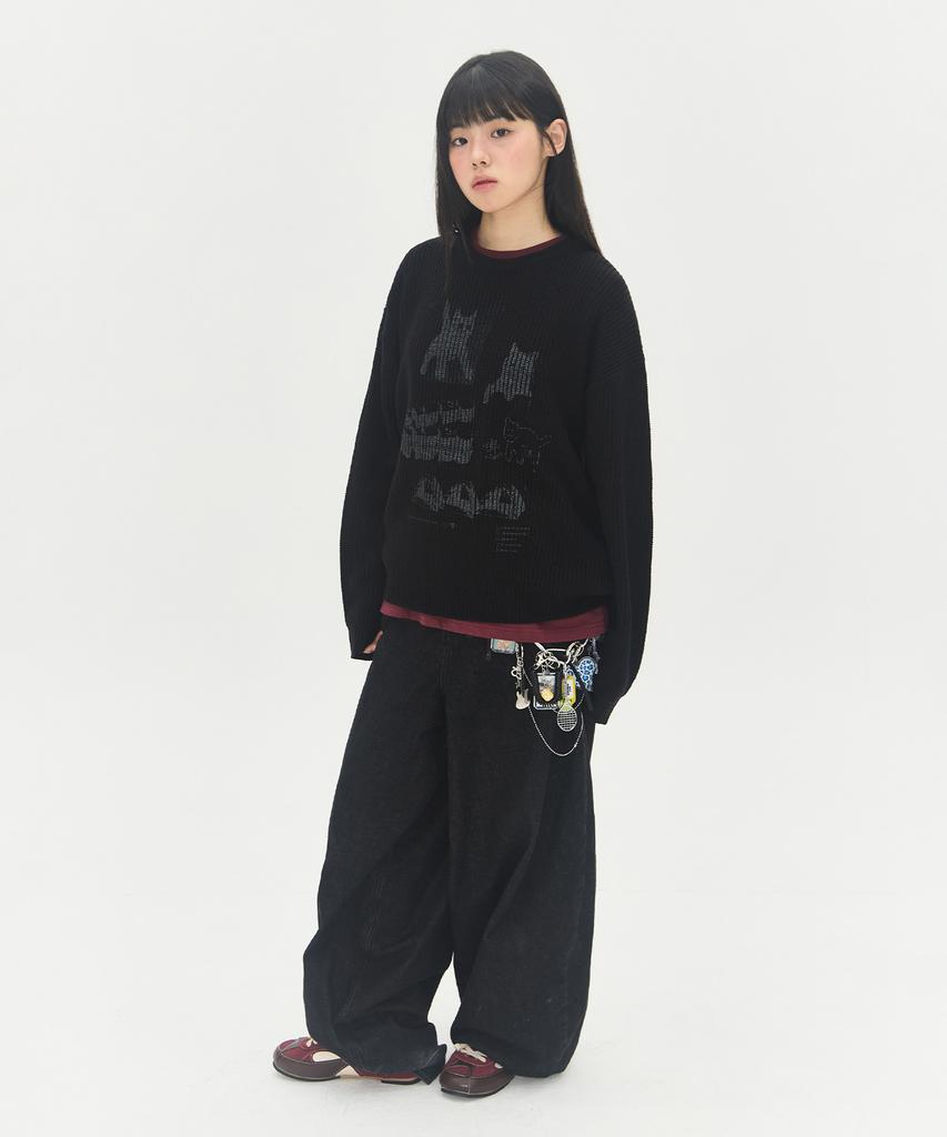 VIDEO JOCKEY Hipster Graphic Knit Sweater [Black]