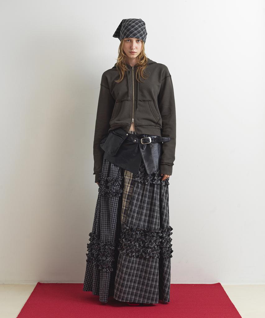 Aobteu Unbalance Frill Maxi Skirt - Check