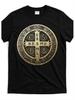 Unisexs Black Roundneck Tshirt with Short Sleeves Featuring A Retro St Benedict Medal Cross Print