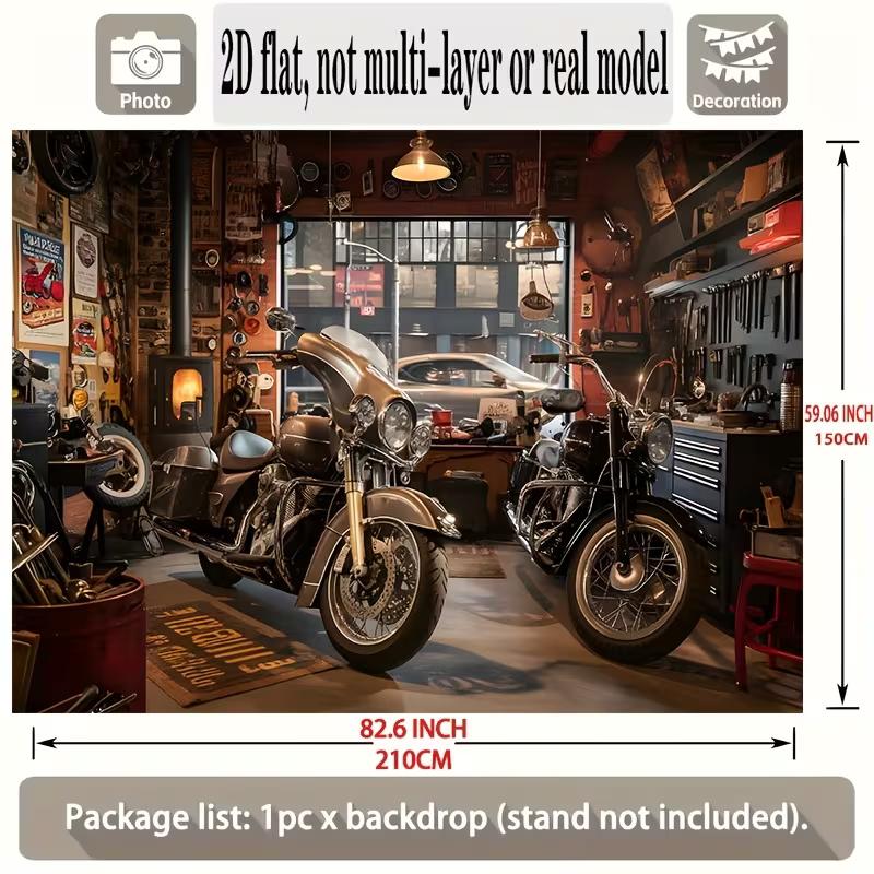 2D Vintage Motorcycle Garage Backdrop Banner - Biker Party Photo Background