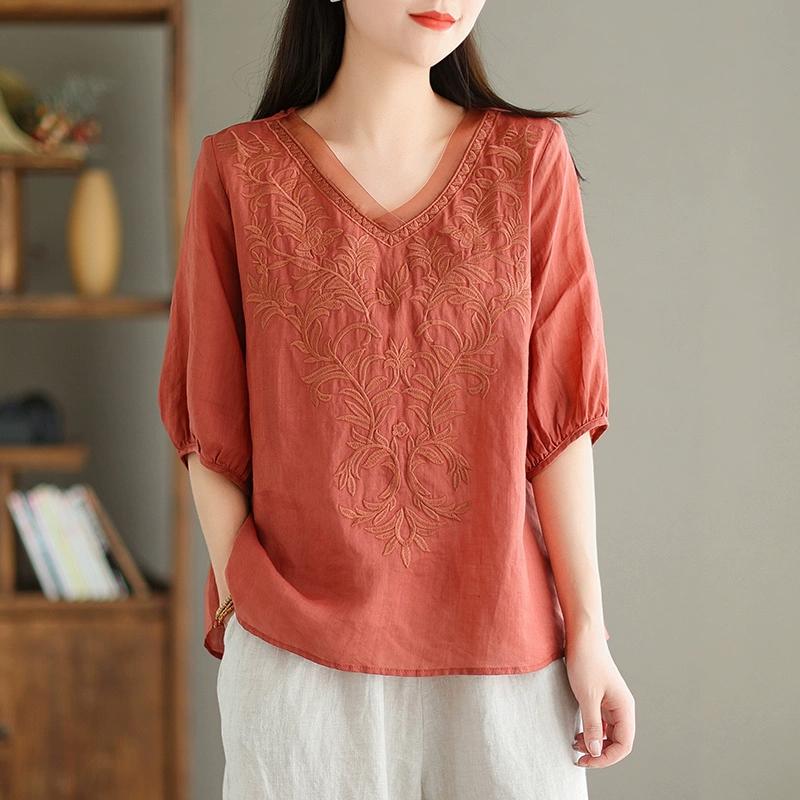 Cotton and Linen Japanese and Korean Five-point Sleeve T-shirt Women's Summer Mother Wear V-neck Embroidered Ladies Top