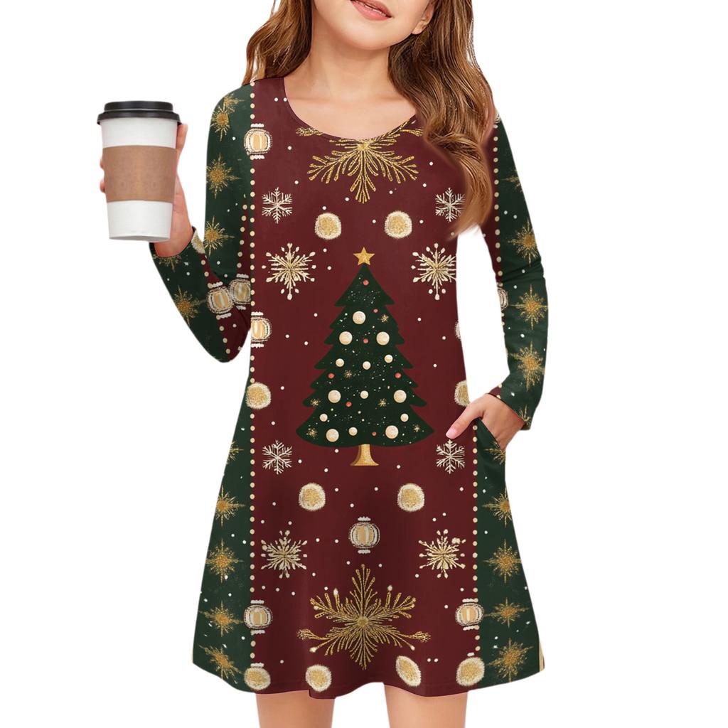 Christmas Day Girls' Long Sleeve Dress - Color Pocket Dress