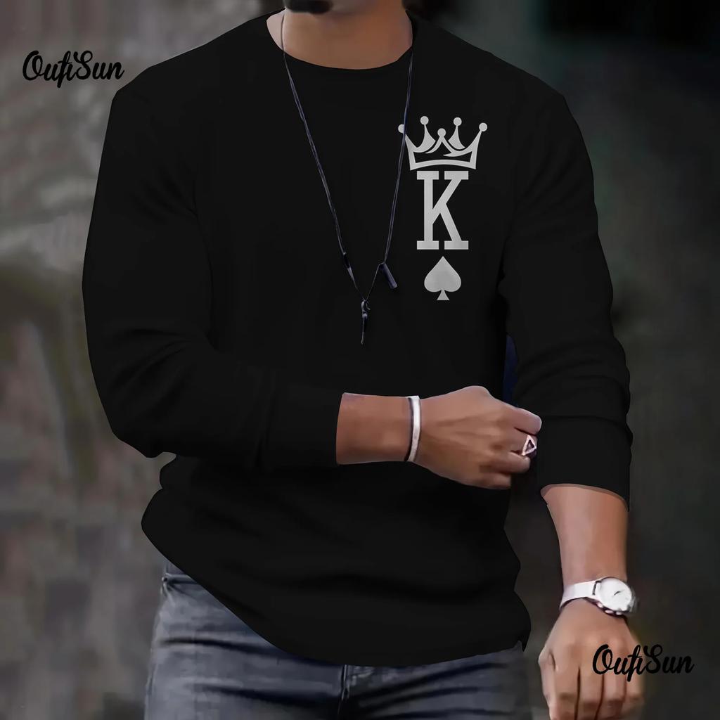 Новое поступление Модные мужские футболки с длинным рукавом с принтом покера Свободные топы с круглым вырезом Большие повседневные футболки для мужчин