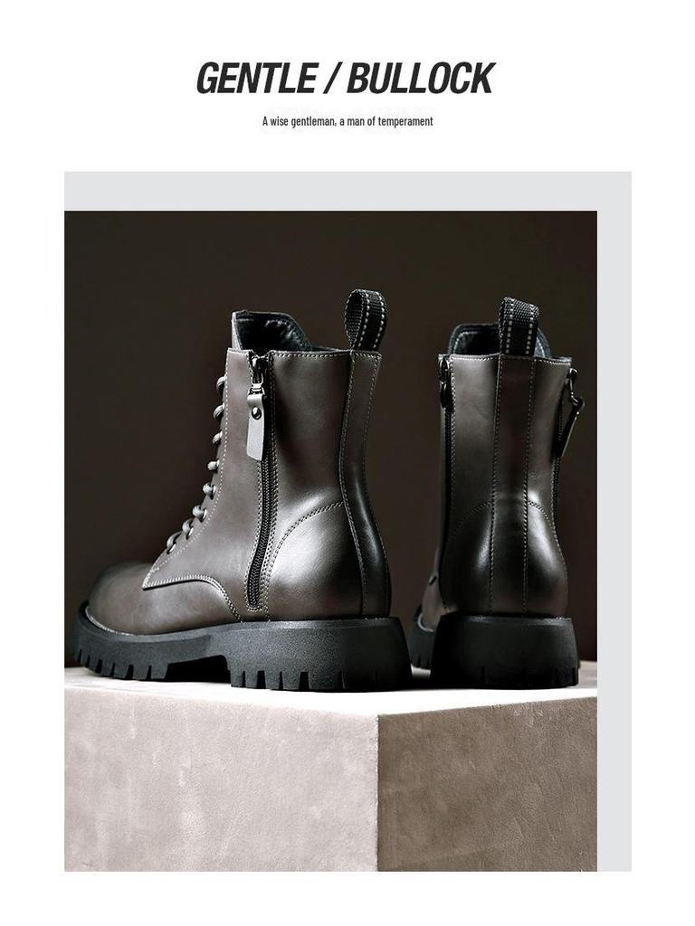 Мужские осенне-зимние желтые ботинки из натуральной кожи с толстой подошвой, боковой молнией и круглым носком — удобные, средней высоты, в стиле Martin.