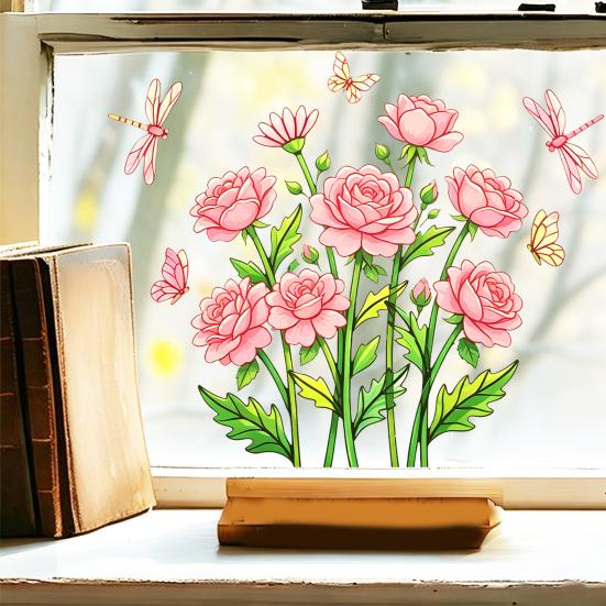 Static Glass Sticker, Soft Roses Decal with Dragonflies And Butterflies, No Glue Waterproof Sunproof Window Film for Bedroom Living Room Balcony