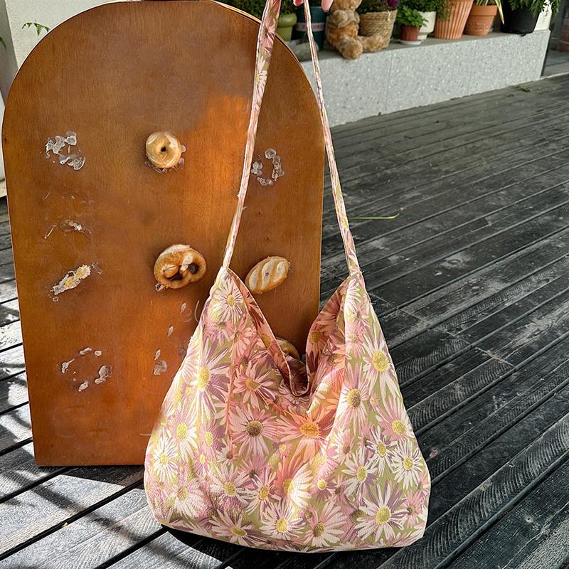 Large Capacity Shoulder Bag for Ladies Vintage Floral Cotton Shopping Bags Fashion Book Bag
