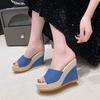 2025 New Fashion European and American Wedge Heel Slippers Muffin Thick-bottomed High-heeled Sandals One-character Large-size Open-toed Women's Slippe