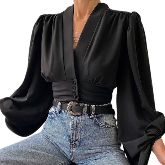 Women Shirt Solid Color Buttons Spring Autumn Temperament Slim-fitting Shirt