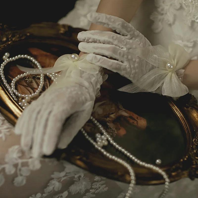 1 пара женских свадебных коротких перчаток с сеткой на полный палец, прозрачные бисерные банты, длина до запястья, перчатки для выпускного вечера