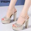 Hollow Out Sandals Women Open Toe Breathable One Line Buckle Rhinestone Fashion Elegant Thick Heel Versatile High Heels Dropshipping Wholesale