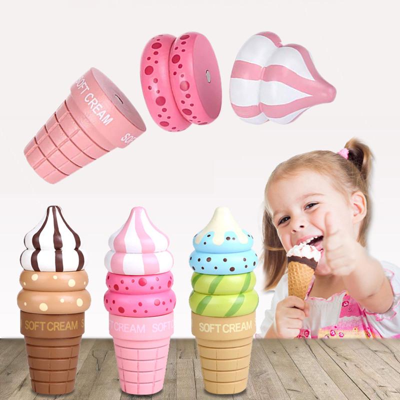 1pc Wooden Pretend Play Food Magnetic Connected Ice Cream Toys for Kids Game