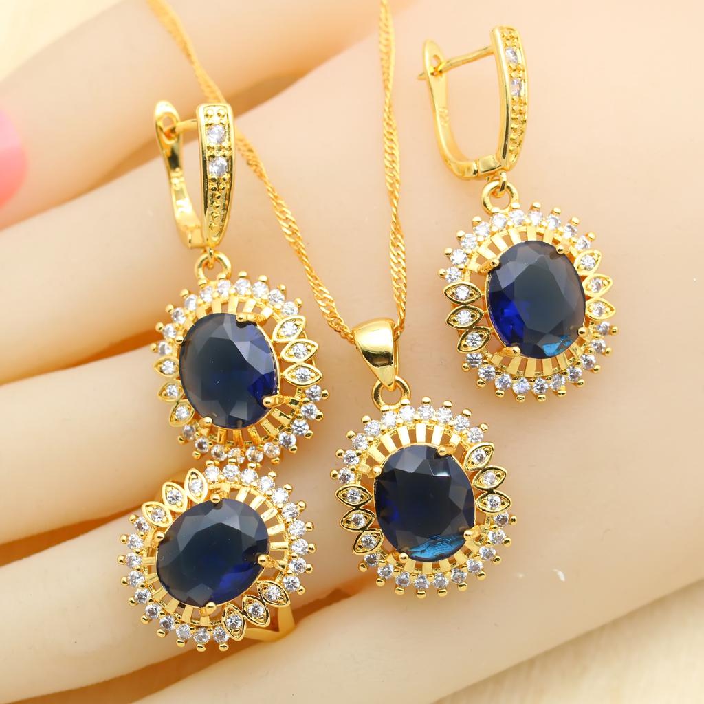 Новинки Ювелирные наборы золотого цвета для женщин Свадебный зеленый циркон Браслет Серьги Ожерелье Подвеска Кольцо Подарок