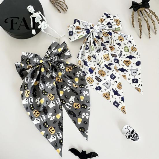 Bat Theme Hair Decoration Halloween Silky Satin Bows, Big Ribbon Bow Clips, Oversized Decorative Accessories for Long Tail Barrettes, Cute Women Girls