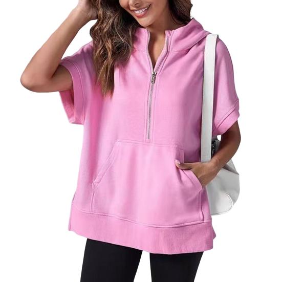 Summer Women Hoodie Half Zipper Short Sleeves Solid Color Pullover Loose with Pocket Casual